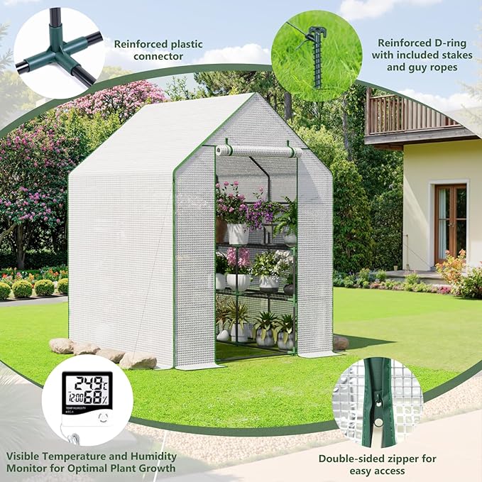 Greenhouse for Outdoors Small Greenhouse Walk-in Greenhouses with 3 Tiers 8 Shelves PE Cover Heavy Duty Plant Greenhouses for Garden and Backyard