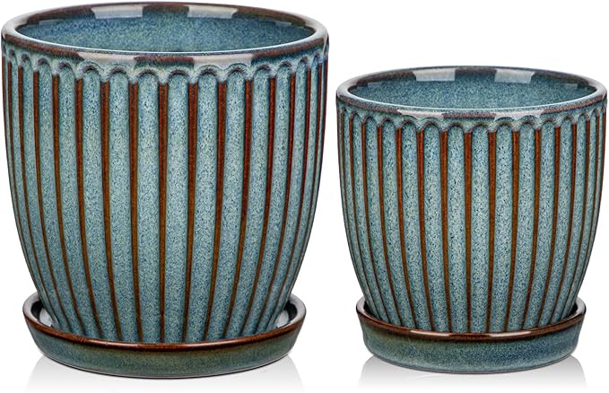 Oairse Ceramic Pots for Indoor Plants 4.9 +5.7 inch Pots for Plants Set of 2 Marble Blue Plant Pots with Drainage Holes and Saucers Texture Ceramic Planters Indoor Outdoor Flower Pots for Succulent