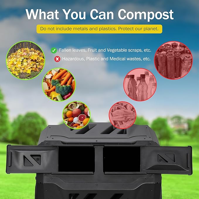 JupiterForce 43 Gallon Compost Bin Outdoor Dual Chamber Composter Tumbler 360° Rotating Tumbling Composter with 2 Sliding Doors for Kitchen Garden and Yard Waste Black (BPA Free)