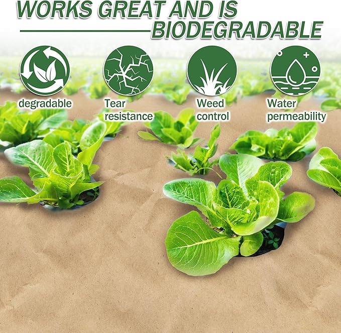 120 x 3 Ft Biodegradable Paper Weed Barrier Garden Paper Weed Barrier with U-Shaped Ground Nails Biodegradable Landscape Fabric Weedguard Plus Paper Mulch for Weed Control &amp Holds Soil Moisture