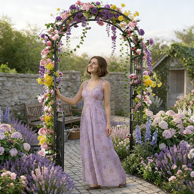 Garden Arbor 80 W x 87 H Metal Garden Arch with Gate and Planter Boxes Wedding Arch Party Decoration for Climbing Plants Outdoor Lawn Patio and Backyard