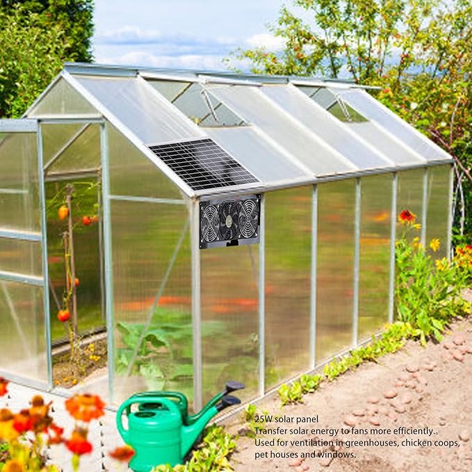 EVGATSAUTO Solar Powered 3 Fan Kit High Speed Ventilation for Greenhouse Shed Dehumidifier Small Chicken Coops Pet Houses