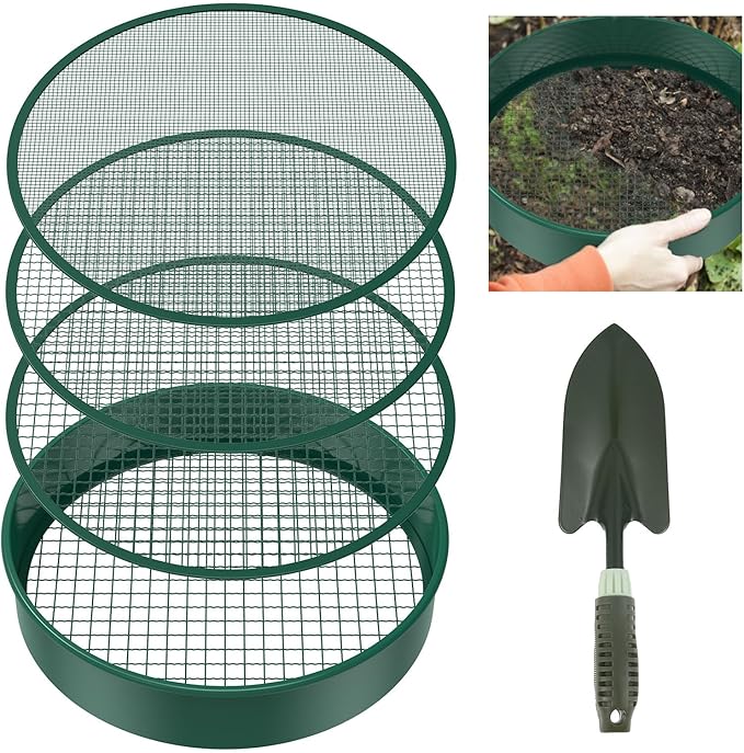 Soil Sifter for Gardening 12 Inch Dirt Garden Sieve Soil Sifter with 4 Replaceable Fine Screens and Shovel Rock Sieve Sifter Sifting Pan Soil Sieve Sifter Set