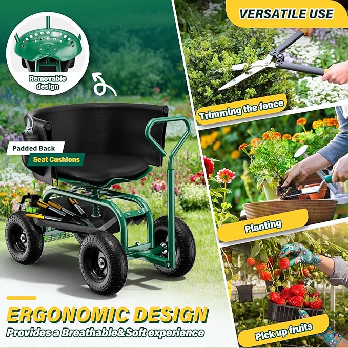 Garden Seat with Wheels Rolling Garden Stool with Adjustable 360°Swivel Seat Storage Basket &amp Extendable Handle Outdoor Gardening Scooter Garden Cart Workseat Stools for Seniors