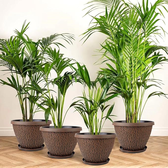 4 Pack Flower Pots Outdoor 10 Inch Plant Pot with Drainage Hole &amp Tray Thickened Plastic Planters for Indoor Outdoor Plants Lightweight Brown Decorative Garden Pot with Saucer