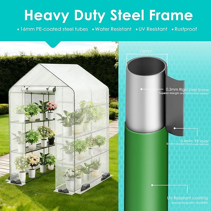 Twira Greenhouse for Outdoors 48 x 73.2 x 74.8 Walk in Plant Greenhouses Heavy Duty with Thicken PE Cover 3 Tiers 8 Shelves Greenhouse Plastic Portable Green House for Outside Patio Gardening