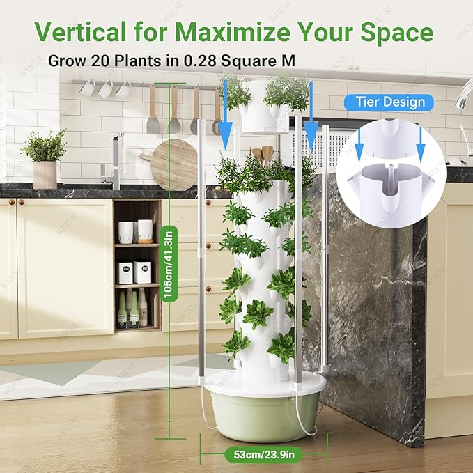Hydroponic Tower | Vertical Planter Tower | Hydroponics Growing System Kit | Food Gradewith 20/28/36 Net Pots (with LED Grow Lights) 5Layer