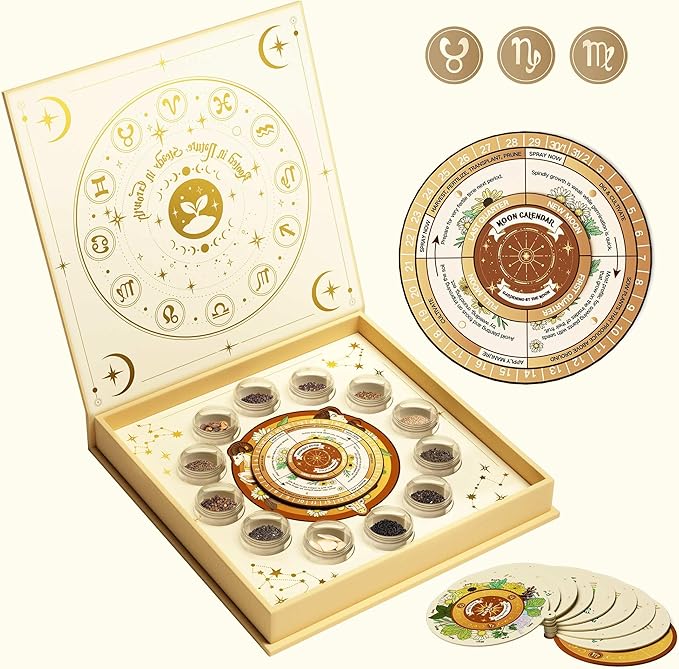 LUSH&ampDEW Zodiac Garden Seed Bank 12 Varieties Non-GMO USA-Sourced Heirloom Herb Flower Seeds with Moon Calendar Gardening Gift for Women Men Witchcraft Supplies Earth Sign (Taurus Virgo Capric