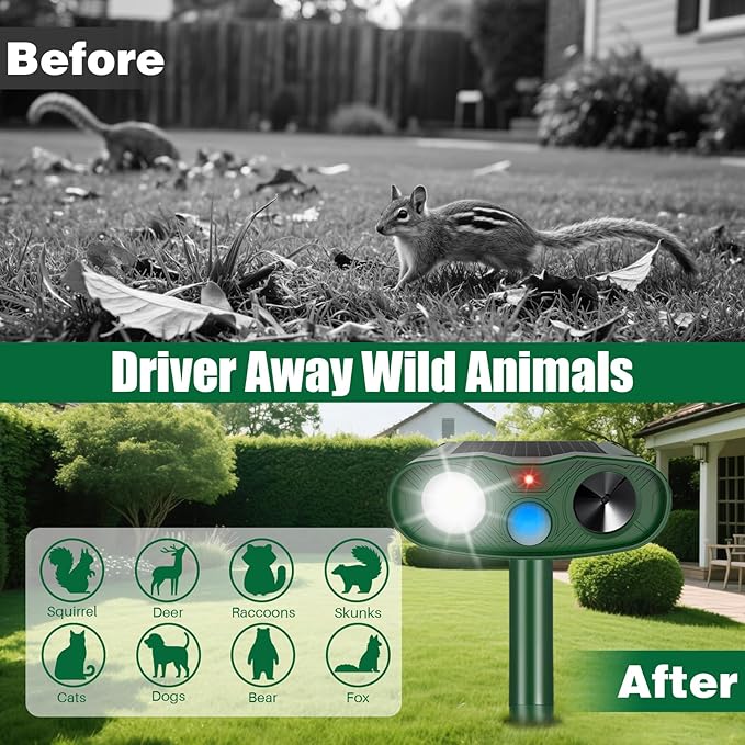 2Pack 2026 Solar Ultrasonic Animal Repellent Outdoor Cat Repellent Devices with Motion Detection&ampFlash Light Squirrel Rabbit Dog Cat DeterrentKeep Rodent Chipmunk Raccoon Deer Away for Yard Garde