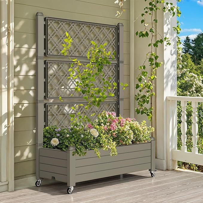 DWVO 3.6 x 1.5 x 5 FT Raised Garden Bed with Trellis Large Outdoor Planter Trellis Box with Drainage Holes and Wheels for Climbing Plants Light Brown