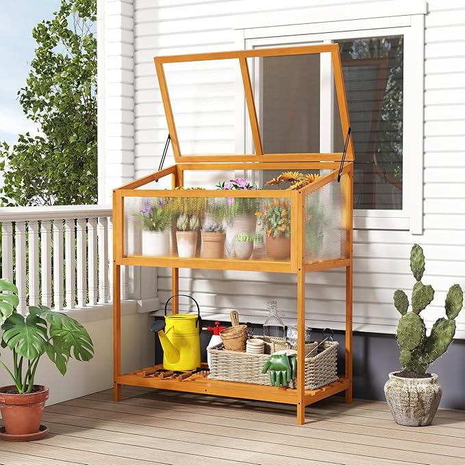 Wood Cold Frame Greenhouse Portable Raised Planter Bed Protection with Transparent Flip-top Roof Small Hot House for Balcony Garden Sunroom Indoor Outdoor (36”x20”x42”)