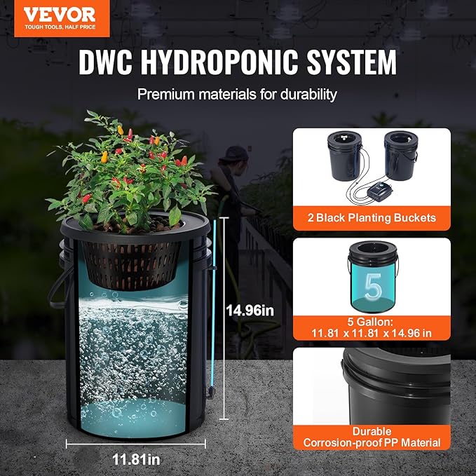 VEVOR DWC Hydroponics Grow System Hydroponic Growing System with Top Drip Kit Deep Water Culture 5-Gallon 2 Buckets with Air Pump Air Stones and Water Level Device for Leafy Vegetables