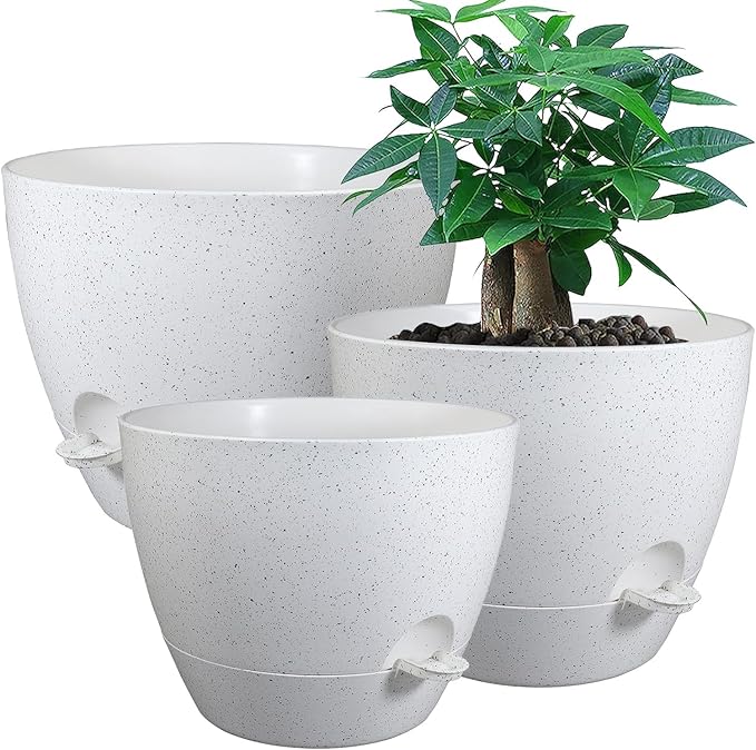 Large Self Watering Pots 12/10/9 Plastic Planters with High Drainage Holes and Deep Reservoir for Indoor Outdoor Garden Plants and Flowers White Speckles