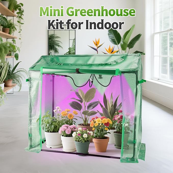 Mini Greenhouse with LED Grow Light &amp Timer 36×20×33 Portable PE Plant Tent for Indoor Seed Starting Balcony Garage &amp Small Space Gardening