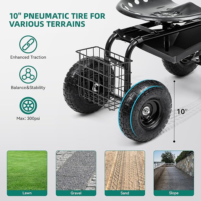 Rolling Garden Cart with 360° Swivel Work Seat Adjustable Height 10 Pneumatic Tires Tool Tray &amp Storage Basket Extendable Handle Reduces Back &amp Spine Strain