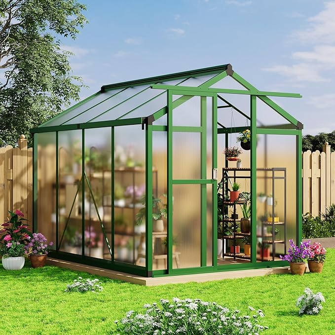 6x8 FT Greenhouse - Large Aluminum Greenhouses for Outdoors Heavy Duty Polycarbonate Greenhouse with Roof Vent&ampGround Nails Walk-in Green Houses for Garden Backyard Patio Easy Assembly