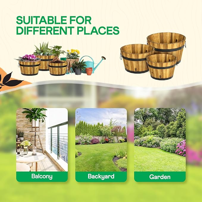 Idzo Set of 3 Wooden Flower Planters for Outdoor Plants Acacia Wood Barrel Planters Ergonomic Handles Drainage Holes Various Sizes Golden Teak