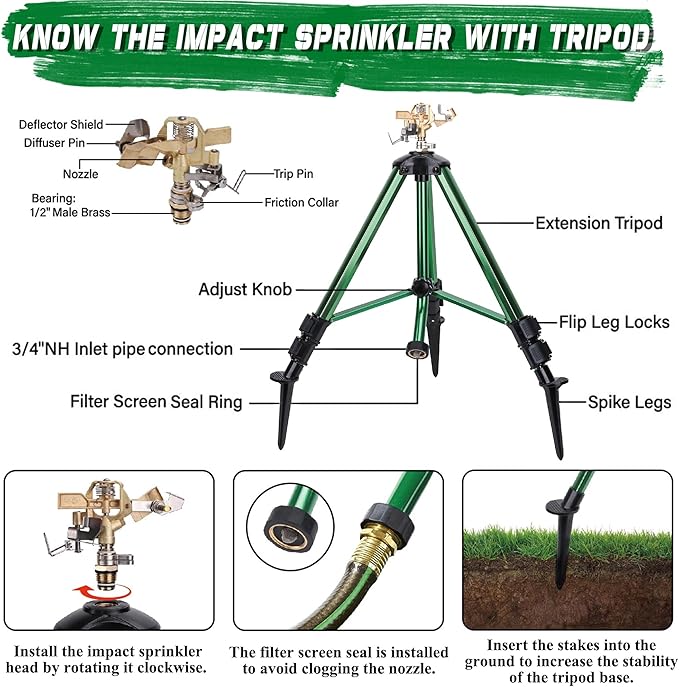 Triumpeek Impact Sprinkler on Tripod Base with Stakes 360 Degree Large Area Coverage Irrigator with Extension Legs Adjustable Brass Sprinkler Head Nozzle and 3/4 NH Inlet Hose Connection (1)