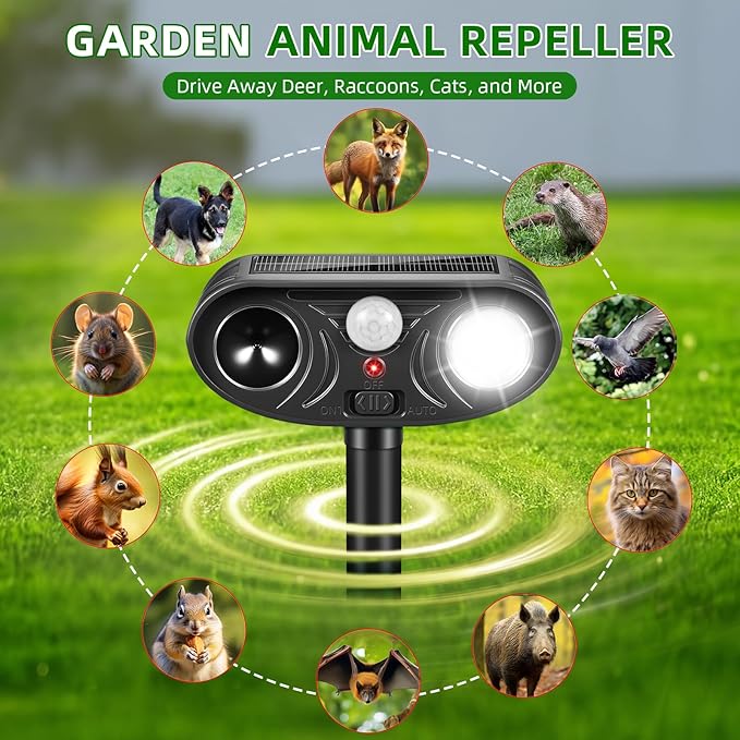 2026 Upgraded Solar Ultrasonic Animal Repellent Deer Cat Squirrel Deterrent Devices Motion Activated with LED Strobe Light Repeller Keep Dog Raccoon Skunk Rabbit Away from Yard Garden Farm 4 Pack