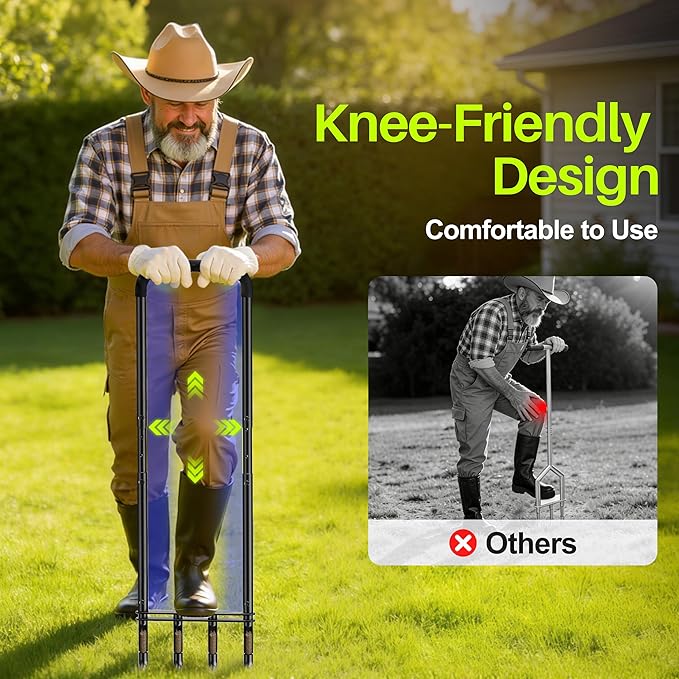Knee-Friendly Manual Lawn Aerator Tool –Adjustable SUS304 Stainless Steel Core Aerator for Grass Yard Aeration Tool with 4 Hollow Tines for Lawn Care and Compacted Soil43.3-48.5Black