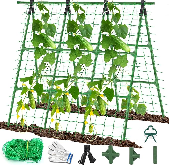 A-Frame Cucumber Trellis for Raised Bed - 47 x 47in Heavy-Duty Detachable Garden Trellis with Netting &amp Clips Support for Climbing Outdoor Cucumber Tomatoes Luffa Bitter Melon Vining Flowers