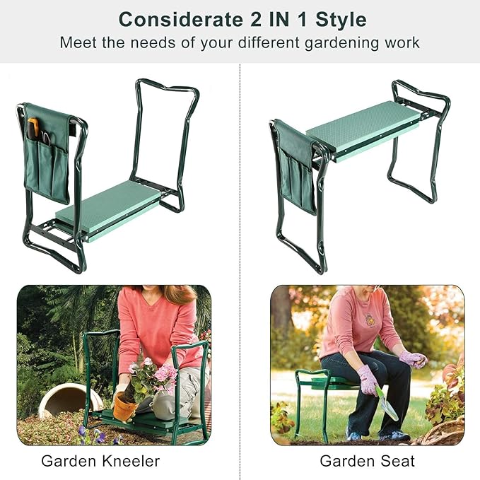 Moclever Garden Kneeler and Seat - Gardening Stool Bench Kneeling Pad with Handles - Foldable Stool for Ease of Storage - Thicken EVA Foam Pad Protect Knee with Tool Pouch for GardeningFishing