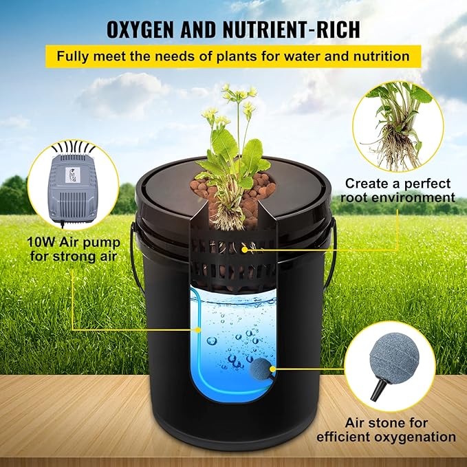 VEVOR DWC Hydroponic System 5 Gallon 8 Buckets Deep Water Culture Growing Bucket Hydroponics Grow Kit with Pump Air Stone and Water Level Device for Indoor/Outdoor Leafy Vegetables