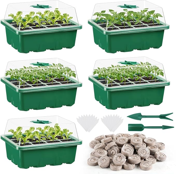 Apipi 5 Pack Seed Starter Kit with 60 Coco Coir Pellets - 60 Cell Seed Starter Trays with Domes for Indoor Greenhouse Germination Home Gardening System for Vegetables/Herbs/Flowers