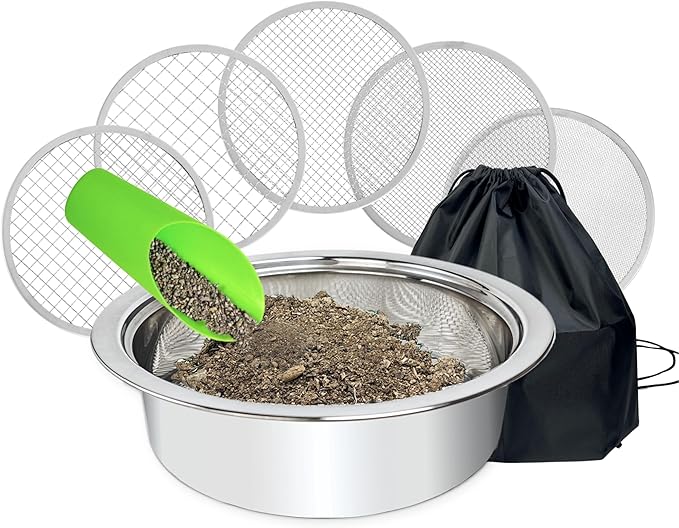 Soil Sifter for Gardening Stainless Steel Sifting Pan Dirt Sifter 9.5in Rock Sifter with 5 Sieve Mesh Filter Sizes
