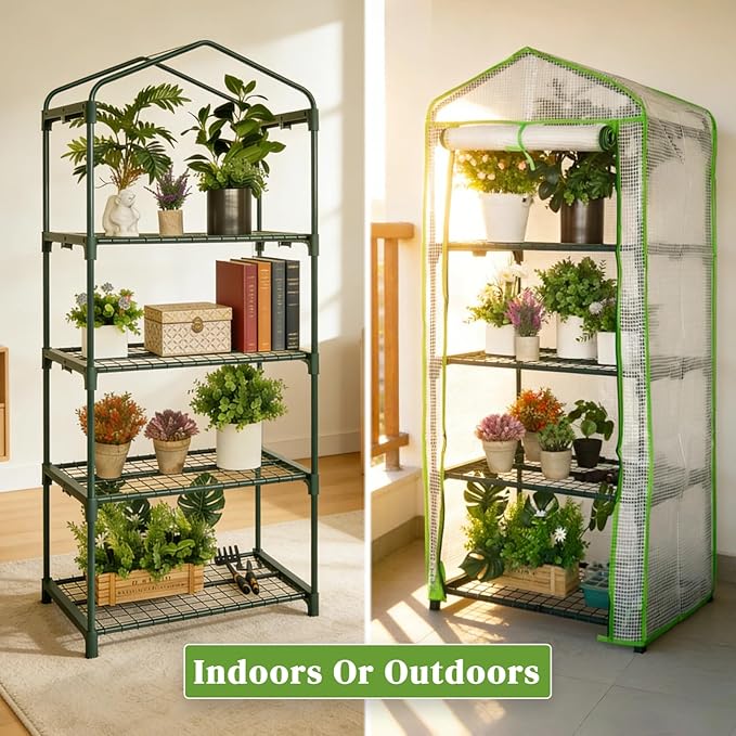 Mini Greenhouse for Indoor Outdoor Small Plants Green House with 4 Tier Shelves Portable Plastic Greenhouses with Durable PE Cover for Garden Backyard Patio Balcony Porch (White)