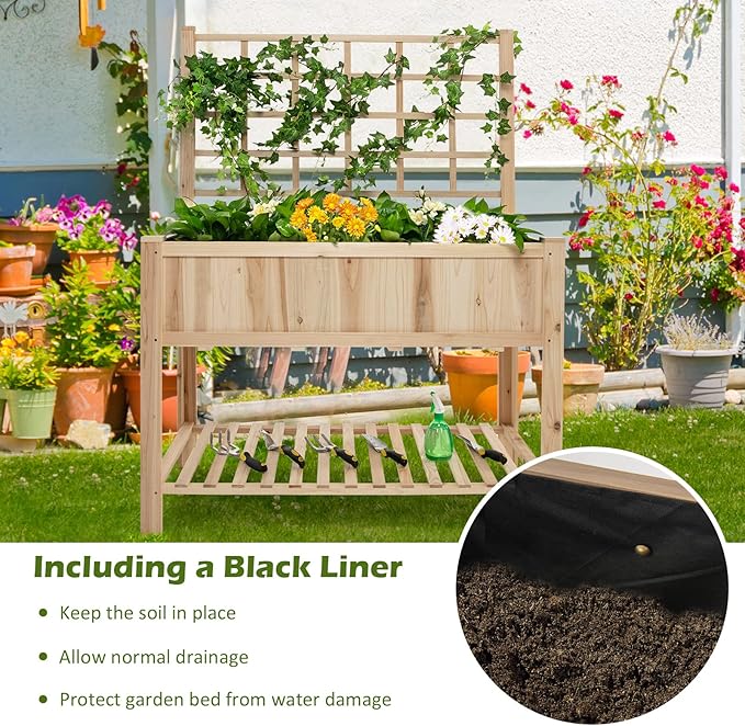 Giantex Wood Planter with Trellis Standing Raised Garden Bed Liner Storage Shelf Elevated Plant Box Stand for Climbing Flower Vegetable Herb Indoor Outdoor Patio Lawn Balcony