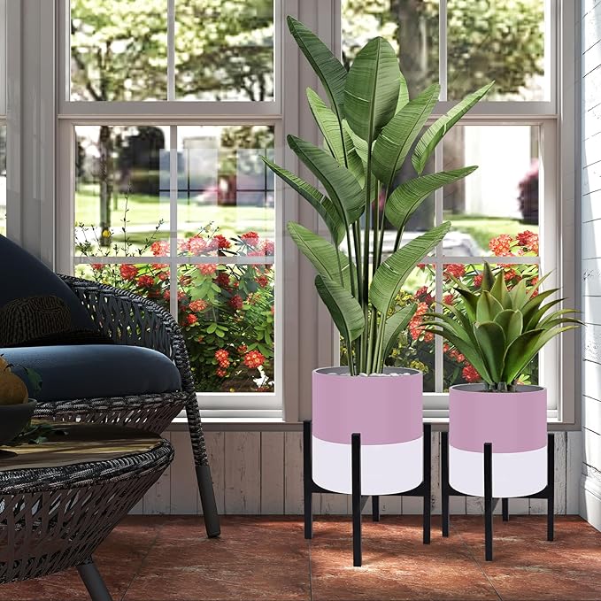 Planter with Stand Set of 2 Modern Plant Pots with Metal Legs IndoorFlower Pots with Drainage Holes Matching Decorative Garden Pot for Living Room Office Garden or Balcony 10 &amp 12 Inches