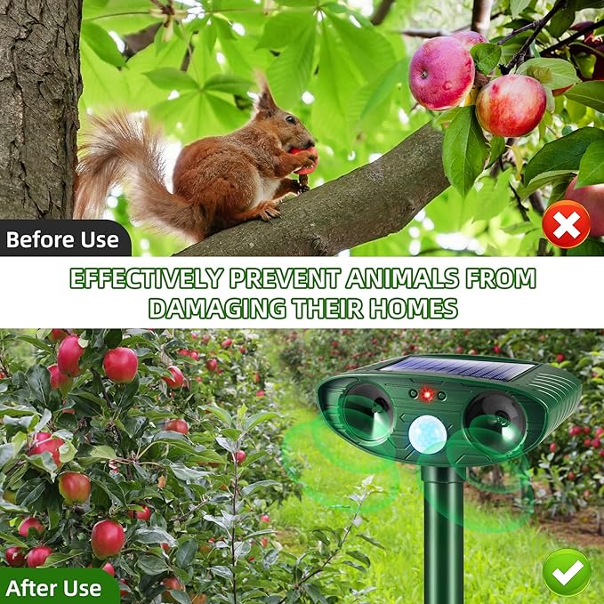 2 Pack Solar Animal Repellent Ultrasonic Outdoor Squirrel Racoon Fortress proCat Deer Repellent with Motion SensorWaterproof Mouse Dog Skunk Rabbit Deterrent for Yard