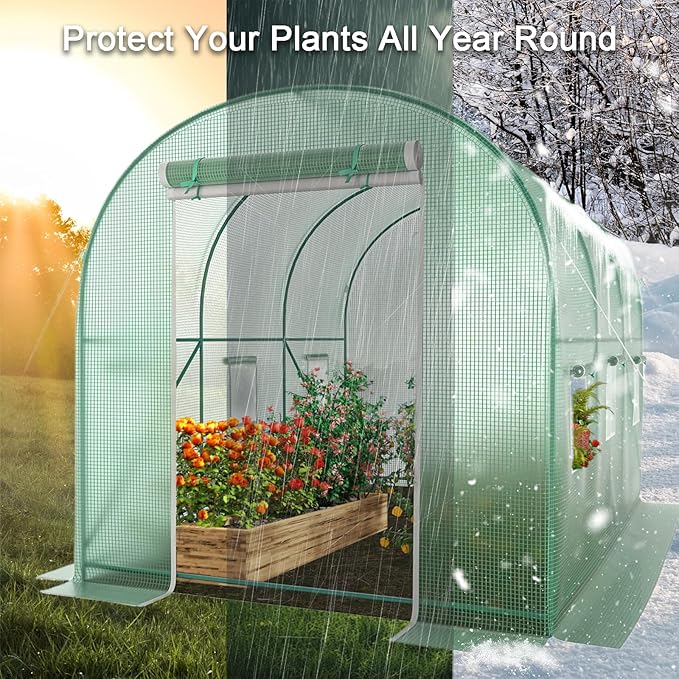 Walk-in Greenhouse 10x7x7 FT Heavy Duty Tunnel Green House for Outdoors Portable Green Houses for Outside Winter Hot House with Metal Frame &amp Roll-up Zipper Door Screen Windows