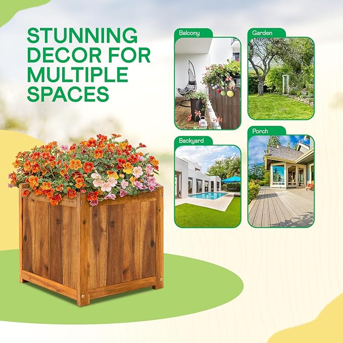 Idzo Acacia Wood Flower Planter Box for Outdoor Plants 1pc Wooden Raised Garden Bed with Handles Drainage Holes Ideal for Garden and Home Décor Light Cherry