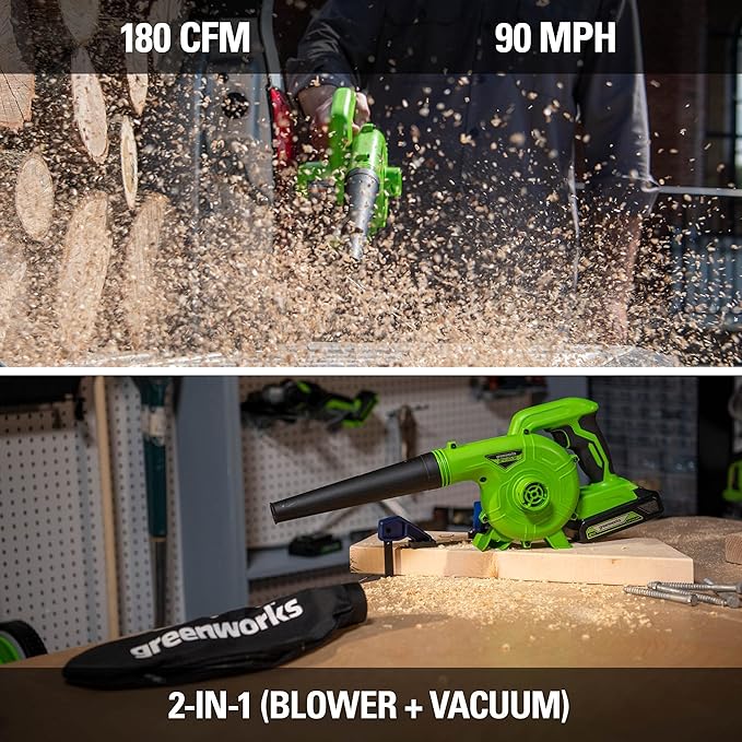 Greenworks 24V (90 MPH / 180 CFM / 200+ Compatible Tools) Cordless Shop Blower 2.0Ah Battery and Charger Included