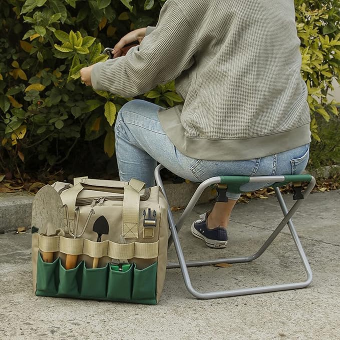 Folding Garden Stool Garden Kneeler Seat Sturdy Stainless Steel Tools Folding Stool Detachable Canvas Tool Bag