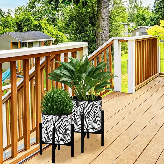 10 &amp 12 Inches Plant Pot with Stand Set of 2 Decorative Palm Leaves Printing Planter with Holder Garden Pot for Snake Plant Monstera Houseplants - Indoor Outdoor Flower Pots with Drainage Hole