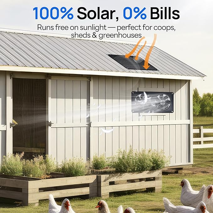 DC HOUSE 20W Solar Fan Powered Exhaust Fan for Chicken Coops Greenhouses Sheds Pet Houses and Windows - Waterproof and Plug Play Easy Connector Max Applicable Space 880ft3 (25 m3)
