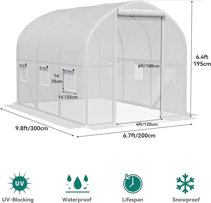 YITAHOME 10x6.5x6.5ft Greenhouses Large Walk-in Green House Heavy Duty Tunnel Green Houses Outdoor Portable Plant Gardening Upgraded Galvanized Steel Frame Zipper Doors 5 Crossbars Garden White