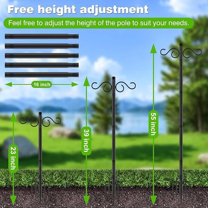 Double Shepherds Hooks for Outdoor2 Pack 55 Inch Bird Feeder Pole with 5 Prongs BaseHeavy Duty Shepherds HookSuitable for Garden in Hanging Flower BasketLanternBird Nests (2 Pack 55 inch)