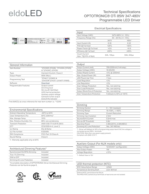 eldoLED | 2743W9 OPTOTRONIC OTi 85W 347-480V Programmable LED Driver | Replacement for OSRAM 57428 | Oti85/347-480/2A3 DIM-1L HB