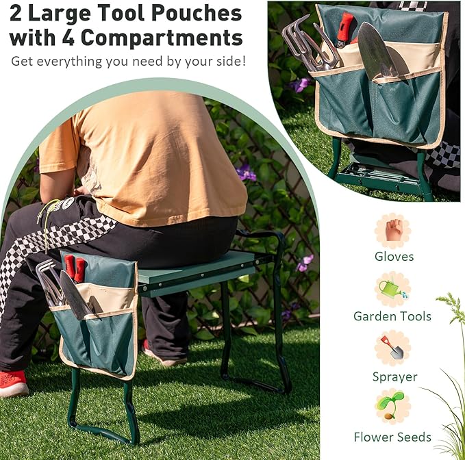 Garden Kneeler and Seat Folding Heavy-Duty Garden Stool with Removable Tool Bags Portable Gardening Gift for Gardening &amp Fishing Seniors Women Men