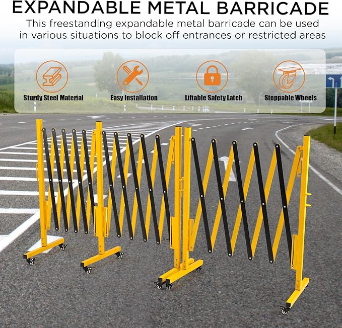 TECSPACE Industrial Expandable Metal Barricade Expansion Size 16.4 FT Yellow and BlackDurable Steel Safety Barricade with casters Flexible Mobile Barrier Gate Adjustable Traffic Fence