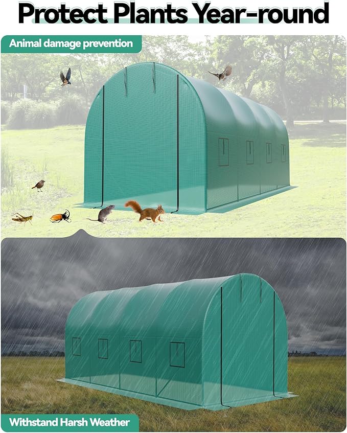 Walk-in Tunnel Greenhouse 6.5 x 15 x 6.5 FT Large Outdoor Greenhouse with Door &amp Vent Windows Heavy-Duty Frame and Green PE Cover for Backyard Gardening