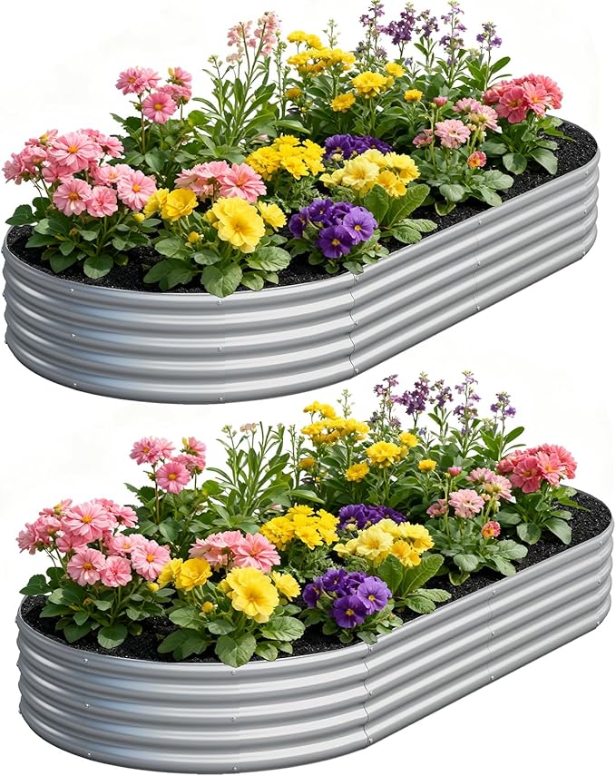 zizin 2 Pack Galvanized Raised Garden Bed Metal Oval Raised Garden Beds Outdoor Planter Box for Vegetables (8x4x1FT Silver)