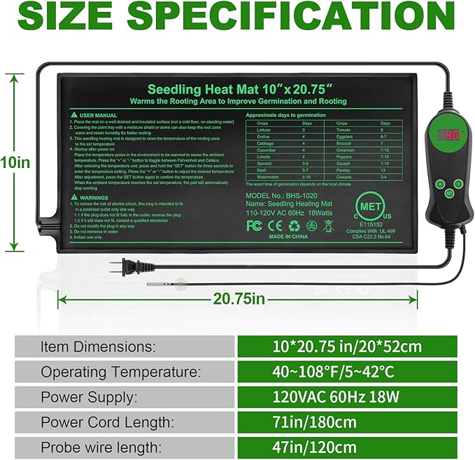 Seedling Heat Mat with Thermostat Pack of 4 Dual Certified by MET and UL Plant Heating Mat Pad Equipped with A Temperature Probe It Automatically Maintains A Constant Temperature