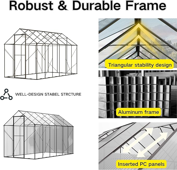 Kingdura 6x12ft Walk-in Greenhouse for Outdoors Large Polycarbonate Greenhouses with Heavy Duty Aluminum Frame Adjustable Roof Vent Lockable Door UV Protection for Outside Garden Backyard