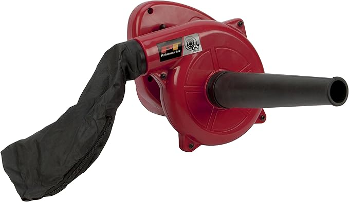 Performance Tool W50063 600W Garage/Shop Handheld Blower - Compact 75+ mph air Flow 16000 max RPM - Large Handle with Lockable Trigger - Includes Vaccum Bag