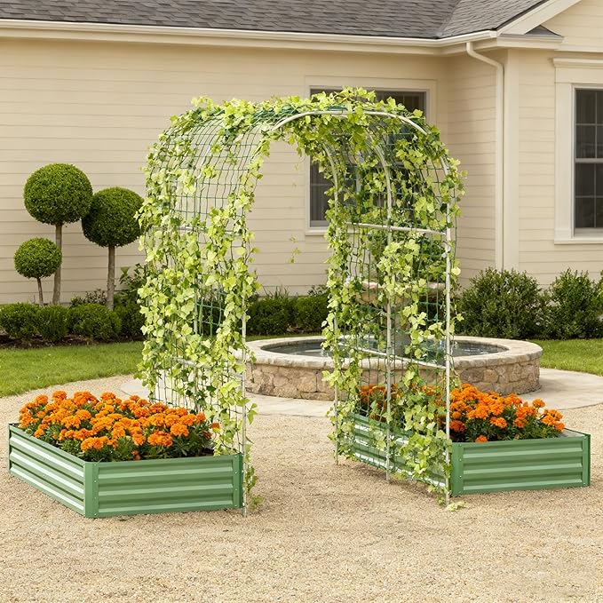 SUNYRISY Galvanized Raised Garden Bed with 87 H Arch Trellis for Climbing Plants Outdoor Large Metal Planter Box with Netting for Gardening Flowers Vegetables Fruit Green